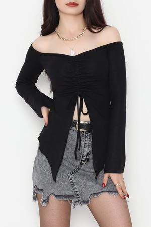 Buzzy Kumaş Önü Ayarlanabilir Büzgülü Bluz Siyah - 1009.2119.