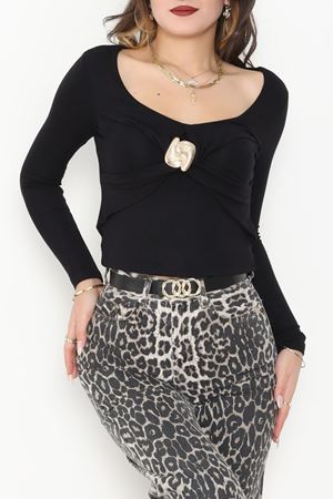 Buzzy Kumaş V Yaka Tokalı Bluz Siyah - 1074.2119.