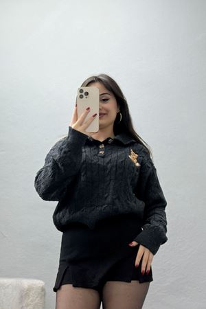 Saç Örgü Nakışlı Triko Kazak Antrasit - 2162.1247.