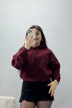 3 İplik Kapşonlu Crop Sweat Bordo - 20959.1878.