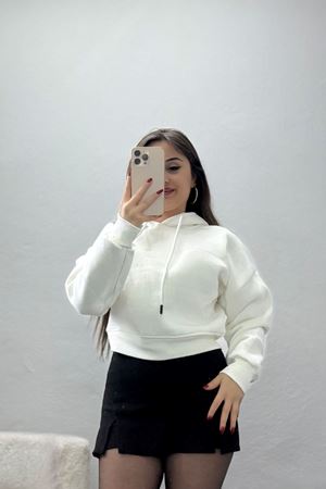 3 İplik Kapşonlu Crop Sweat Ekru - 20959.1878.