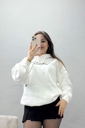 3 İplik Kapşonlu Nakışlı Sweat Beyazsiyah - 42221.1878.