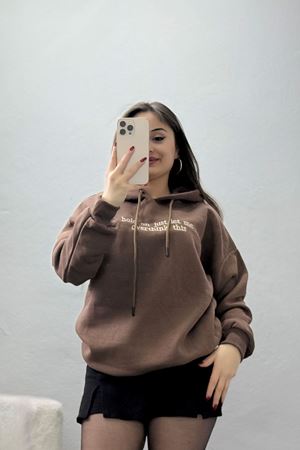 3 İplik Kapşonlu Nakışlı Sweat Kahvebej - 42221.1878.