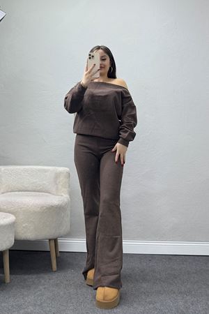 Kayık Yaka Selanik Kumaş İkili Takım Kahve - 42739.1567.