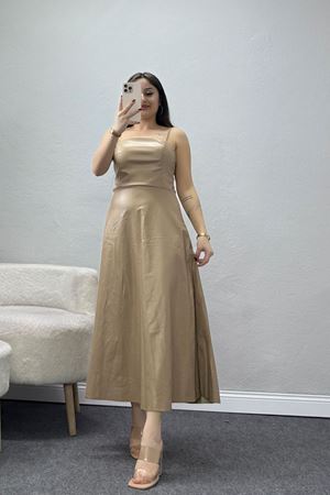 Pu Deri Midi Boy Elbise Bej - 51075.1779.