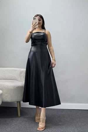 Pu Deri Midi Boy Elbise Siyah - 51075.1779.