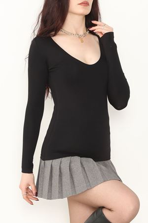 V Yaka Likralı Viskon Uzun Kollu Body Siyah - 22132.200.