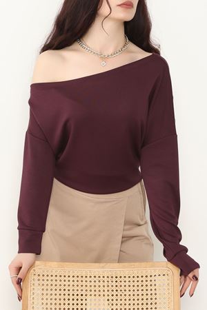 Kayık Yaka Omuz Düşümlü Double Face Kumaş Bluz Mürdüm - 22185.200.