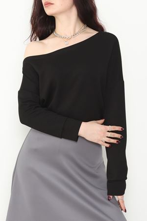Kayık Yaka Omuz Düşümlü Double Face Kumaş Bluz Siyah - 22185.200.