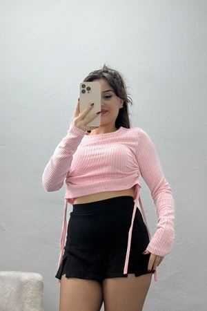 Su Yolu Kumaş Yan Bağlama Detay Bluz Pembe - 1018.2119.