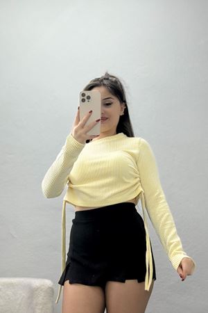 Su Yolu Kumaş Yan Bağlama Detay Bluz Sarı - 1018.2119.