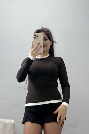 Buzzy Kumaş Bisiklet Yaka Parçalı Bluz Kahve - 1054.2119.