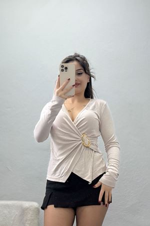 Buzzy Kumaş V Yaka Tokalı Bluz Taş - 1061.2119.