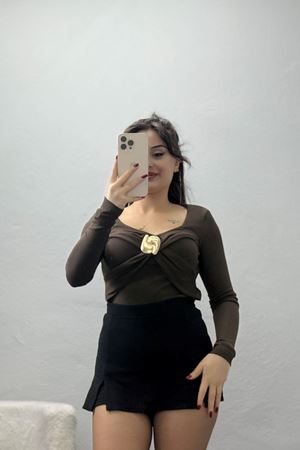 Buzzy Kumaş V Yaka Tokalı Bluz Kahve - 1074.2119.