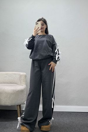 Özel Tasarım İki İplik Kurdele Detay Eşofman Takım Füme - 70164.1857.