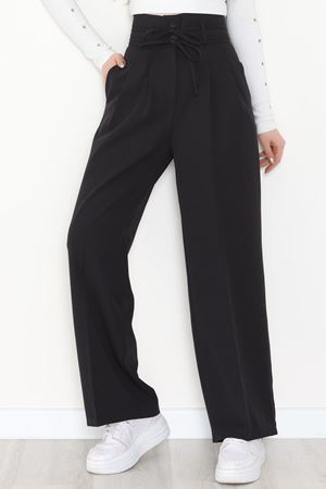 Dabıl Kumaş İp Bağlamalı Palazzo Pantolon Siyah - 51111.1991.