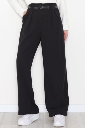 Dabıl Kumaş Kemerli Çift Düğme Pileli Palazzo Pantolon Siyah - 2084.1991.