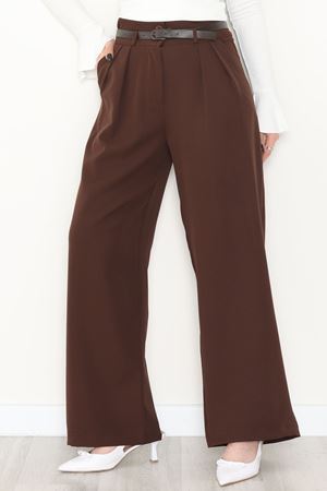 Dabıl Kumaş  Kemerli Çift Düğme Pileli Palazzo Pantolon Kahve - 2084.1991.