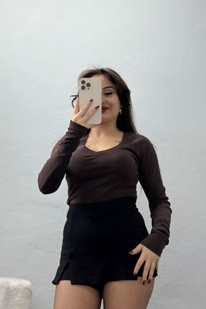 Ribana Kumaş Geniş V Yaka Uzun Kollu Body Kahve - 21948.200.