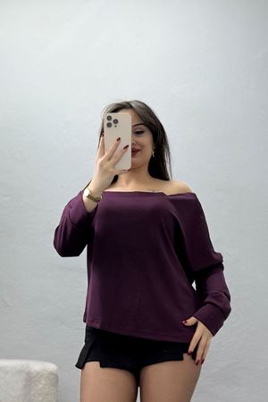 Kayık Yaka Omuz Düşümlü Double Face Kumaş Bluz Mürdüm - 22185.200.