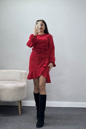 Bisiklet Yaka Önden Volanlı İthal Krep Elbise Kırmızı - 42685.1256.