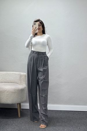 Çizgili Bol Paça Pantolon Füme - 7150.424.
