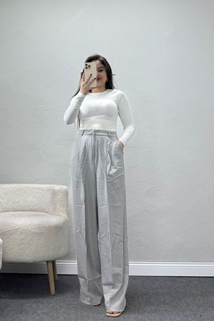 Çizgili Bol Paça Pantolon Gri - 7150.424.