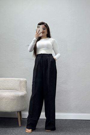 Çizgili Bol Paça Pantolon Siyah - 7150.424.