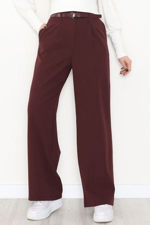 Dabıl Kumaş Kemerli Palazzo Pantolon Mürdüm - 2085.1991.