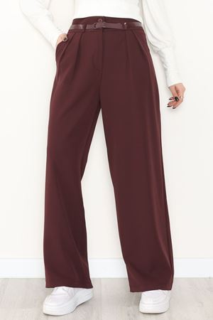 Dabıl Kumaş Kemerli Çift Düğme Pileli Palazzo Pantolon Mürdüm - 2084.1991.
