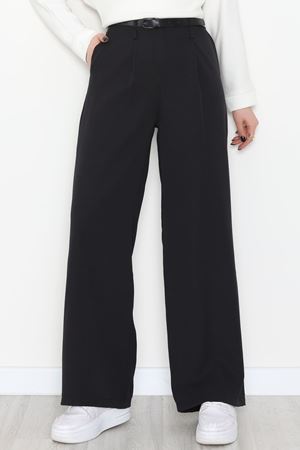 Dabıl Kumaş Kemerli Palazzo Pantolon Siyah - 2085.1991.