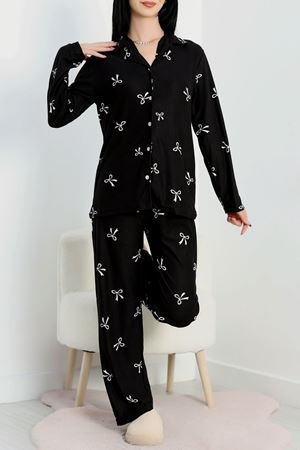 Düğmeli Süet Pijama Takımı Siyahkurdele - 450.1287.