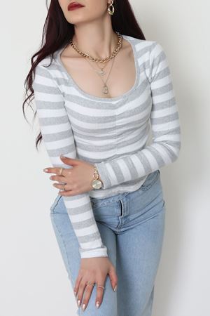 Kalp Yaka Büzgülü Kaşkorse Bluz Gribeyaz - 51092.1567.