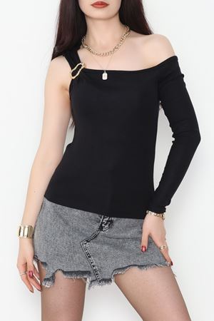 Buzzy Kumaş Tek Omuz Toka Detaylı Bluz Siyah - 1010.2119.