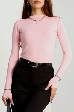 Dik Yaka Parmak Geçmeli Viskon Body Pembe - 40076.599.