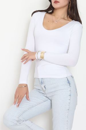 V Yaka Likralı Viskon Uzun Kollu Body Beyaz - 22132.200.
