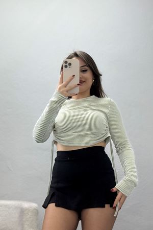 Su Yolu Kumaş Yan Bağlama Detay Bluz Haki - 1018.2119.