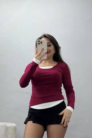 Buzzy Kumaş Geniş Yaka Parçalı Bluz Bordo - 1055.2119.