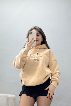 3 İplik Kapşonlu Nakışlı Sweat Bejkahve - 42228.1878.