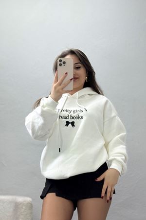 3 İplik Kapşonlu Nakışlı Sweat Ekrusiyah - 42228.1878.