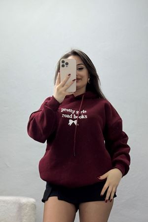 3 İplik Kapşonlu Nakışlı Sweat Koyubordobeyaz - 42228.1878.