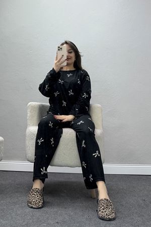 Süet Alt Üst Aynı Pijama Takımı Siyahkurdele - 118.1287.