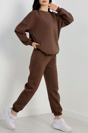 3 İplik Bisiklet Yaka Eşofman Takımı Kahve - 20779.1878.