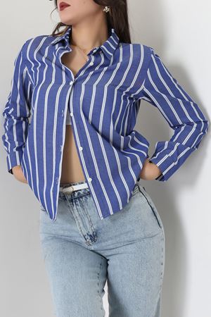 Pamuk Polyester Çizgili Gömlek Koyumavibeyaz1 - 51064.147.