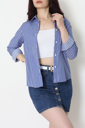 Pamuk Polyester Çizgili Gömlek Koyumavibeyaz - 51064.147.