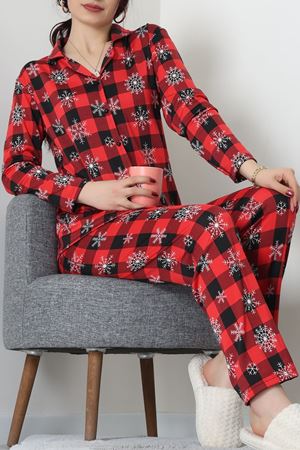 Süet Düğmeli Pijama Takımı Kırmızısiyah - 55014.1048.