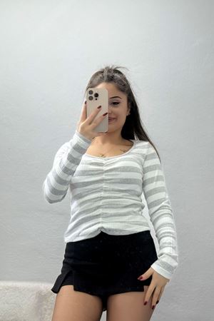 Kalp Yaka Büzgülü Kaşkorse Bluz Gribeyaz - 51092.1567.