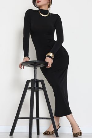 Dik Yaka Sandy Kumaş Maxi Boy Elbise Siyah - 70819.1774.