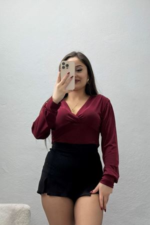 Sandy Derin V Yaka Bluz Bordo - 42807.1949.