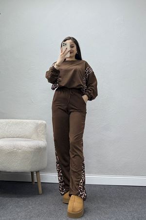 2 İplik Leopar Detaylı Eşofman Takımı Koyukahve - 55028.1005.
